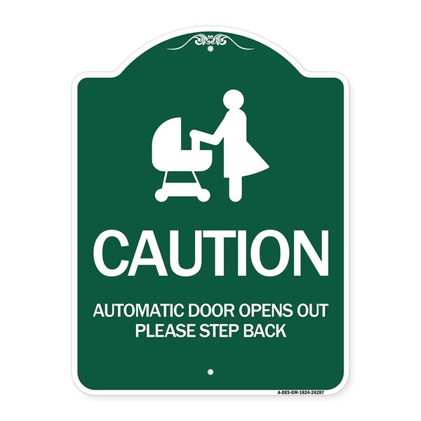 Caution Automatic Door Opens Out Please Step Back W/ Graphic Alum Sign, 18" x 24", GW-1824-24287